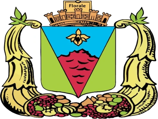 Armoiries de la ville du Tampon : écu vert, bleu et rouge à l'orchidée d'or, couronne murale « Florale » et cornes d'abondance