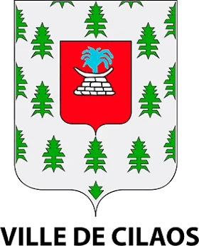 Logo officiel de la ville de Cilaos (La Réunion) : blason vert et blanc semé de tamarins, écu rouge au pied de source