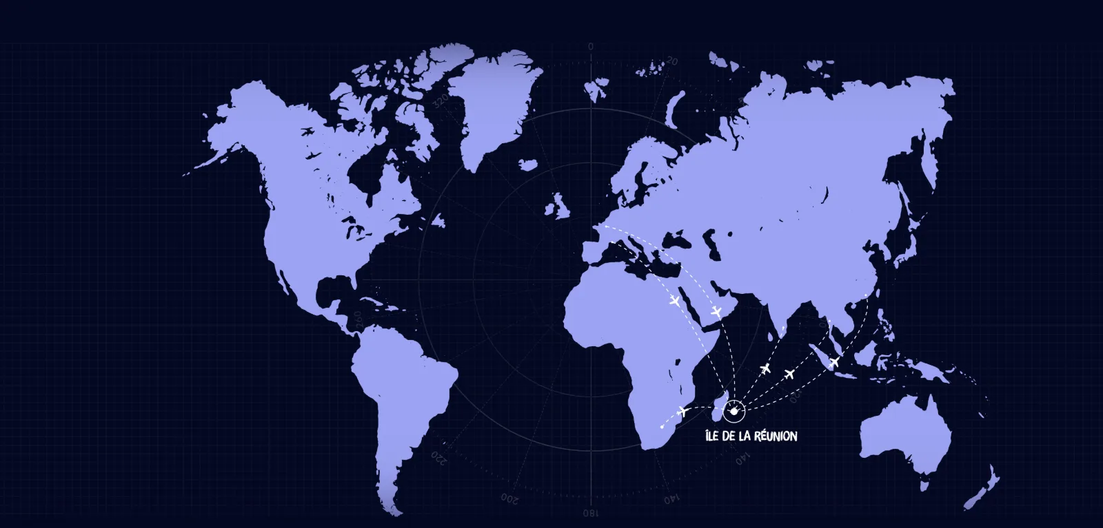 Carte du monde situant l'île de La Réunion et ses liaisons aériennes vers l'Europe, l'Afrique, l'Asie et l'océan Indien