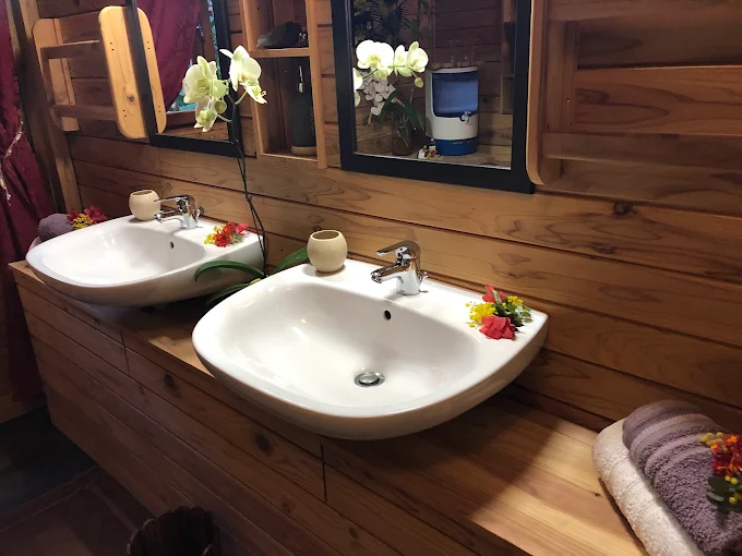 Salle de bain en bois avec orchidées