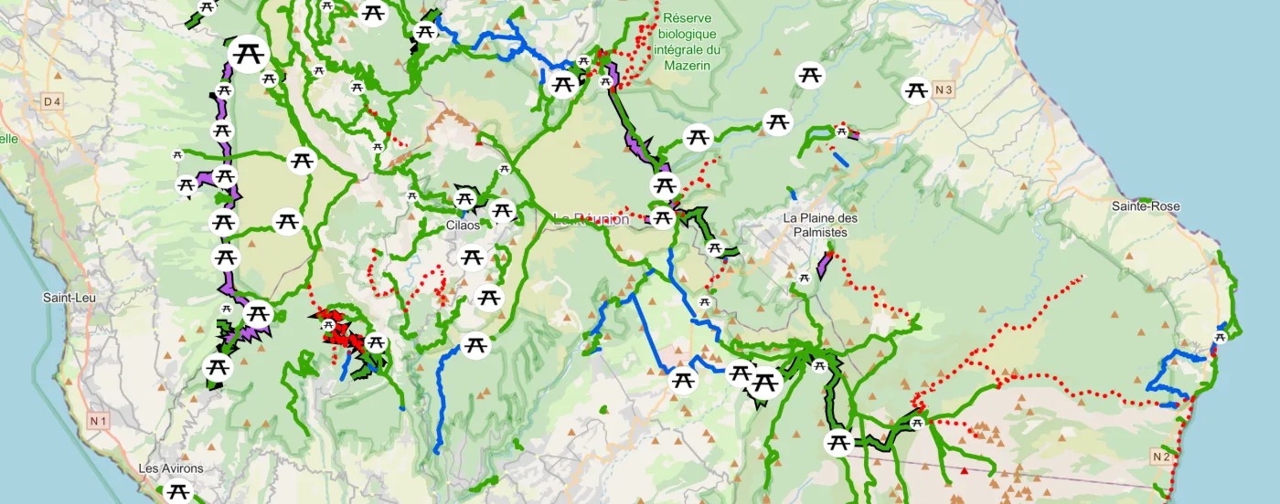 Carte de l'ONF des sentiers et routes forestières de La Réunion : itinéraires ouverts en vert, sentiers fermés en pointillés rouges, aires de pique-nique, entre Saint-Leu, Cilaos, La Plaine-des-Palmistes et Sainte-Rose